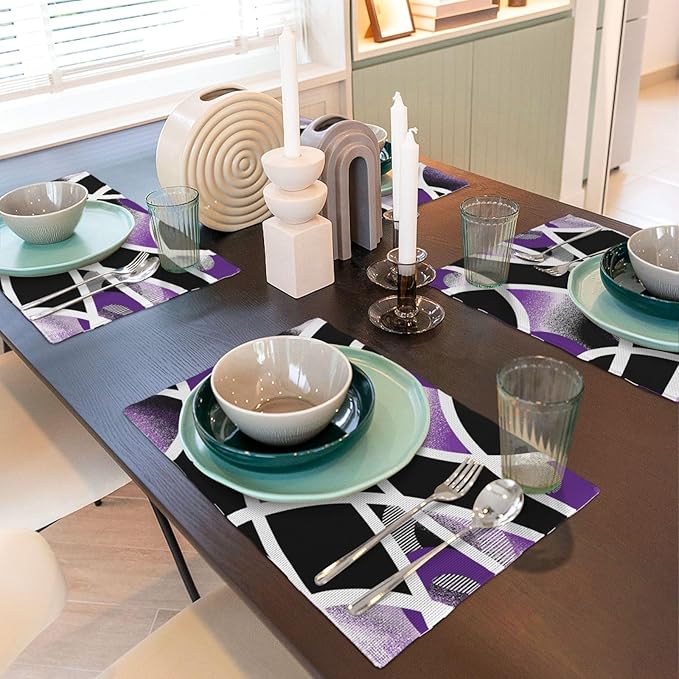 Modern Geometric Abstract Purple Placemats Set of 4, Linen Durable Non-Slip Heat-Resistant Washable Black White Purple Patterned Place Mats for Dining Table, Kitchen, Party, Kitchen Table Mats Decor