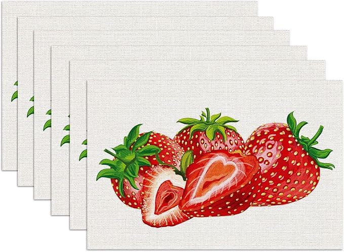 Strawberry Placemats Set of 6, Spring Summer Linen Place Mat Washable Stain Resistant Table Mats for Farmhouse Kitchen Dining Party Wedding Decor 12x18 Inch