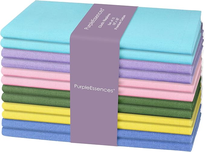 PurpleEssences Set of 12 Cloth Dinner Napkins 100% Cotton 18x18 Inch - Soft Durable Washable - Ideal for Farmhouse Party Spring Easter Summer - Perfect Everyday Use Table Linen - Multicolor