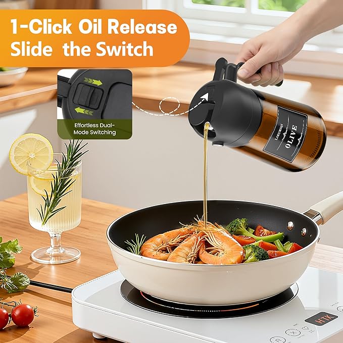 OURCABECUE 2 in 1 Olive Oil Sprayer for Cooking, 16oz/470ml Glass Olive Oil Dispenser Bottle for Kitchen, Light-Blocking Dark Brown Oil Mister with 8 Oil Stickers (Black+Green2PC)