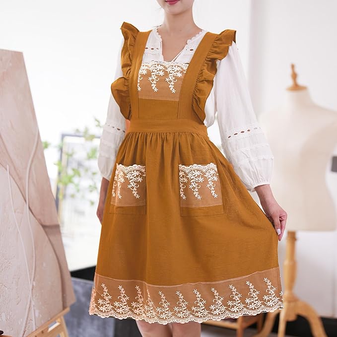 Aoomzoon Vintage Aprons for Women with Pockets Cute Lace Ruffle Adjustable Apron for Cooking Kitchen Baking Gardening
