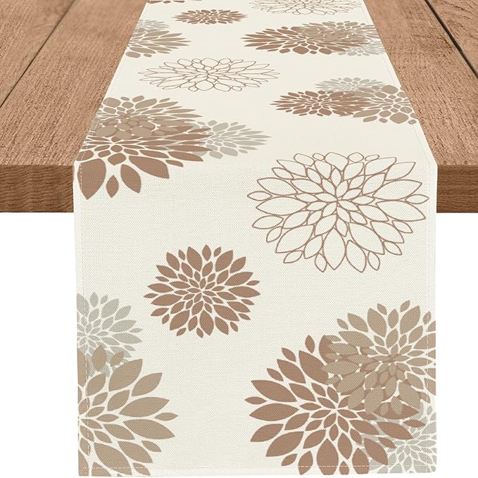 Coffee Brown Dahlia Table Runner Modern Elegant Flower Beige Table Runners Geometric Pompon Farmhouse Table Center Decor for Home Kitchen Dining Party Indoor Outdoor (13x90 Inch)