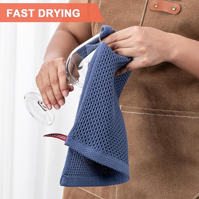 BOOMIBOO 8-Pack Kitchen Dish Cloths, 100% Cotton Waffle Weave, Ultra Soft Absorbent, Quick Drying Dish Towels, 12x12 Inches,Navy Blue