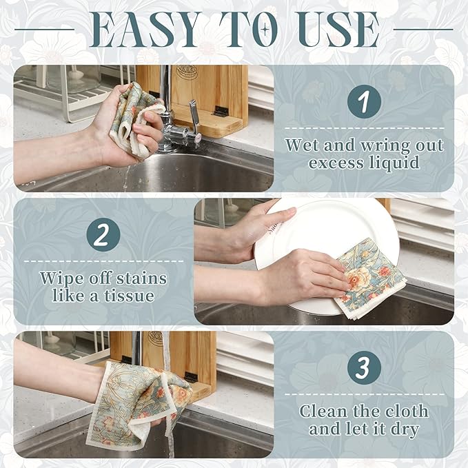 Tegeme 8 Pcs William Morris Swedish Dishcloth Kitchen Vintage Floral Dish Towels Blue Green Flower Kitchen Dish Cloth Washable Absorbent Cotton Towels for Spring Summer Housewarming Gift, 6.8 x 7.7''