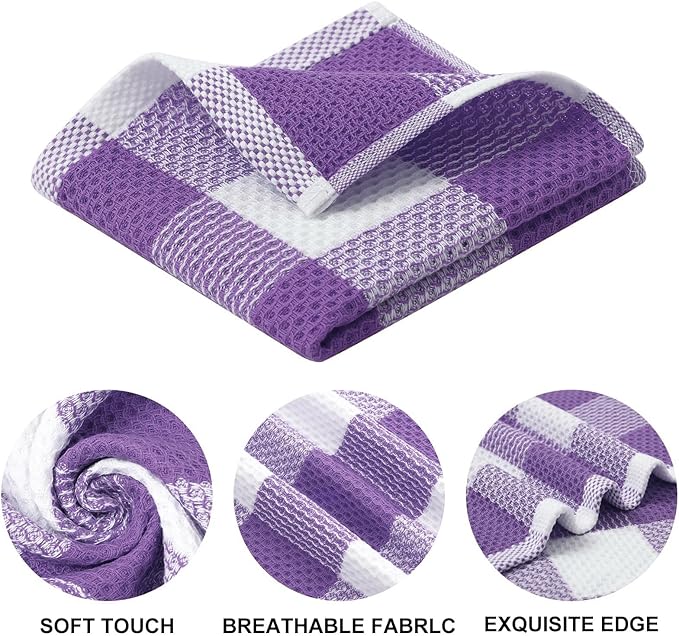 Mordimy Kitchen Towels and Dish Cloths Set, 28 X 13 Inch and 12 X 12 Inch, Set of 8 Soft and Super Absorbent Dish Towels for Drying Dishes, Purple & White