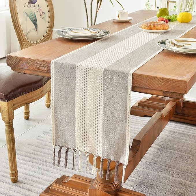 Wracra Linen Table Runner, Farmhouse Macrame Table Runners 36 Inches Long for Dining Table Decor, Wedding, Party and Dresser Decor (Dark Coffee,36")