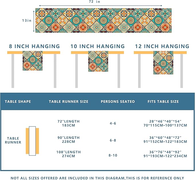 Boho Bohemian Table Runner 72 Inches Long, Vintage Seasonal Table Runners for Party Kitchen Dining Coffee Table Bedroom Dressers Indoor Outdoor, Machine Washable (Bohemian B, 13” x 72”)