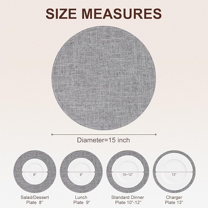 homing 15 Inch Round Cloth Placemats Set of 8, Cotton Linen Blend Washable Table Mats, Farmhouse Dining Place Mats for Indoors & Outdoors, Easy to Clean, Dark Grey