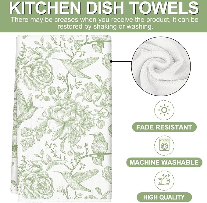 Green Floral Kitchen Towel Flower Birds Dish Towel 18 x 28 Inch Hand Drying Tea Towel for Cooking Baking Party Supplies, 2Pcs