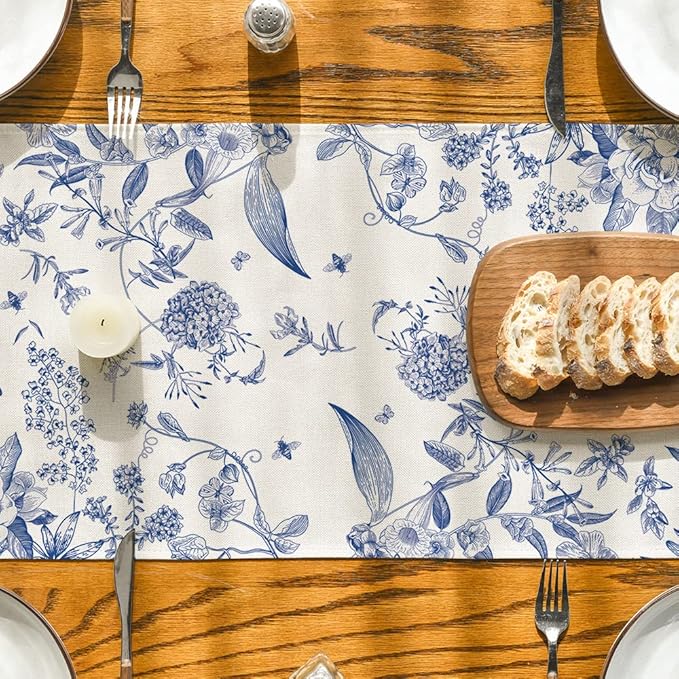 Artoid Mode Monochrome Sketch Birds and Flowers Spring Table Runner, Seasonal Summer Fall Kitchen Dining Table Decoration for Home Party Decor 13x48 Inch