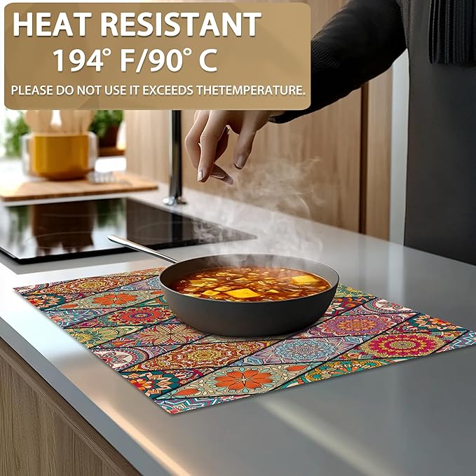 Set of 6 Washable Colorful Bohemian Placemats Non-Slip Heat-Resistant 12x18 Inch Thick DecorativeLinen Table Mats for Dining Table Home Décor