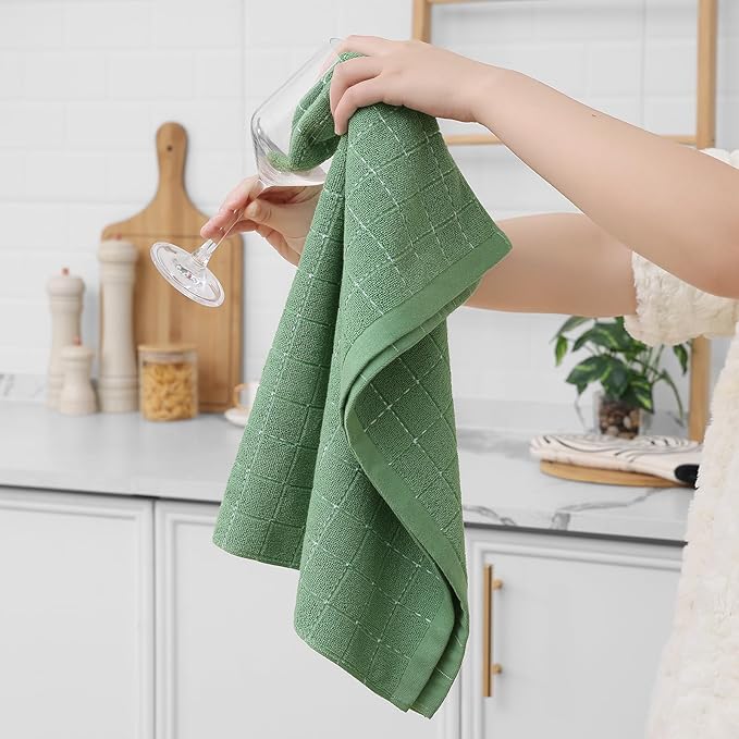 Homaxy 100% Cotton Terry Kitchen Towels(Grass Green, 20 x 28 inches), Checkered Designed, Soft and Super Absorbent Dish Towels, Large 8 Pack