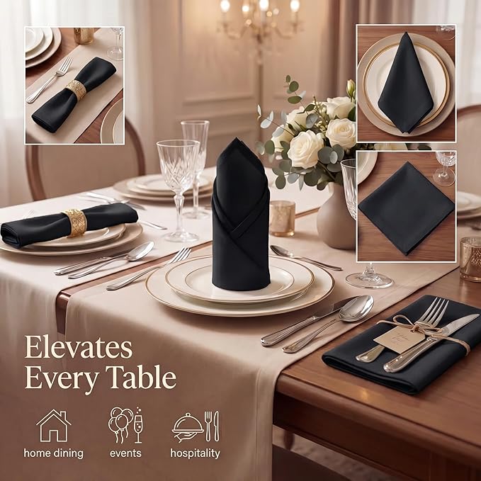 Urban Villa Cloth Napkins Set of 12 20x20 Inches 100% Cotton Napkins Cloth Washable Durable Reusable Absorbent Table Dinner Napkins Cloth for Christmas Hotel Lunch Restaurant Weddings Parties - Black