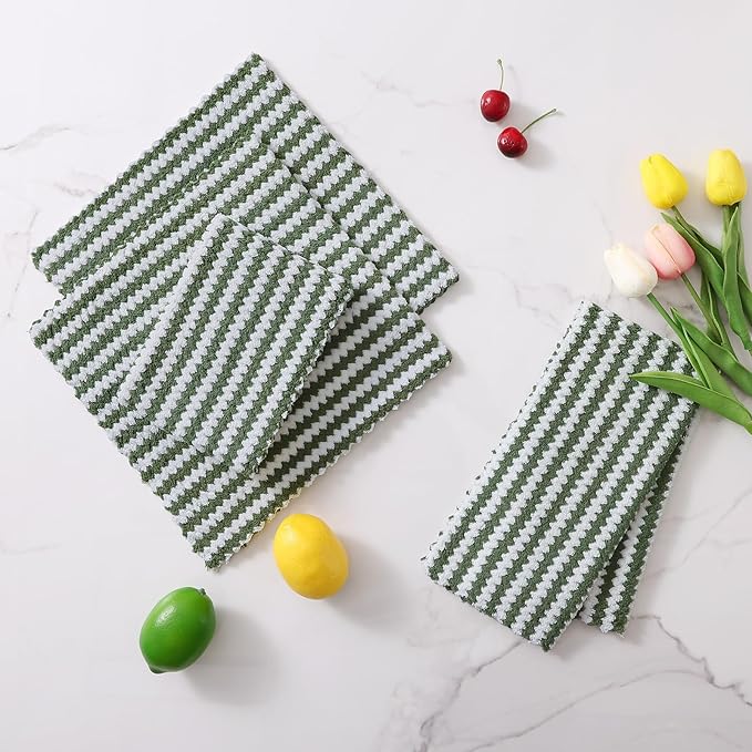Homaxy 12 Pack Kitchen Dish Cloths, Ultra Soft and Absorbent Dish Towels, Reusable Fast Drying Microfiber Cleaning Cloth, Coral Velvet Wave Design No-lint, 10 x 10 inches, Grass Green
