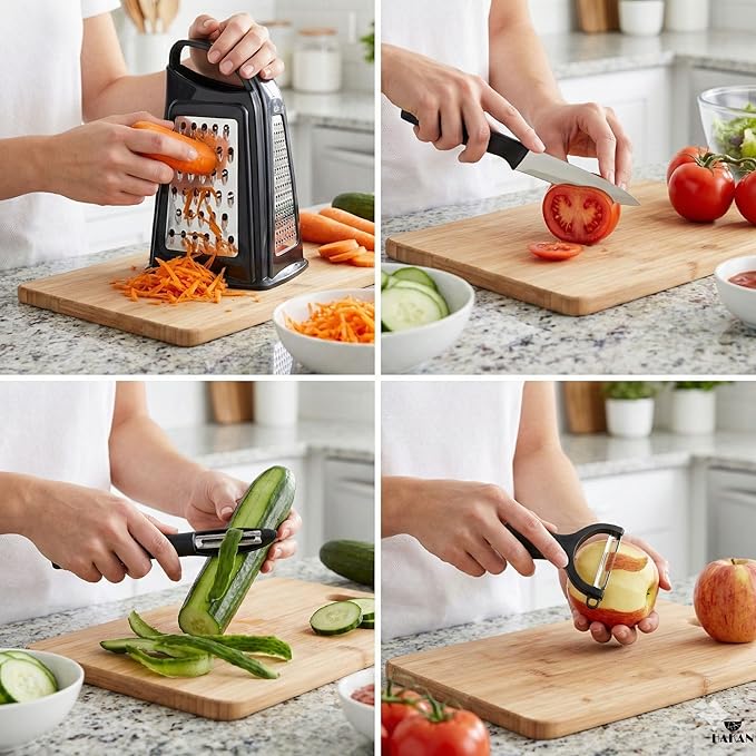 Hakan Grater, Chop and Peel Set | Handheld 3-Sided Grater with Multiple Shred Sizes, Y-Shaped Vegetable Peeler, I-Shaped Food Slicer & Spear Knife | Stainless Steel Kitchen Tools | Black, 4 Pcs