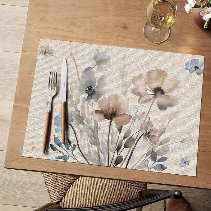 Artoid Mode Brown Poppy Floral Vinyl Plastic Placemats Set of 4, Washable Non-Slip PVC Table Mats for Party Kitchen Dining Decor, 12x18 Inch