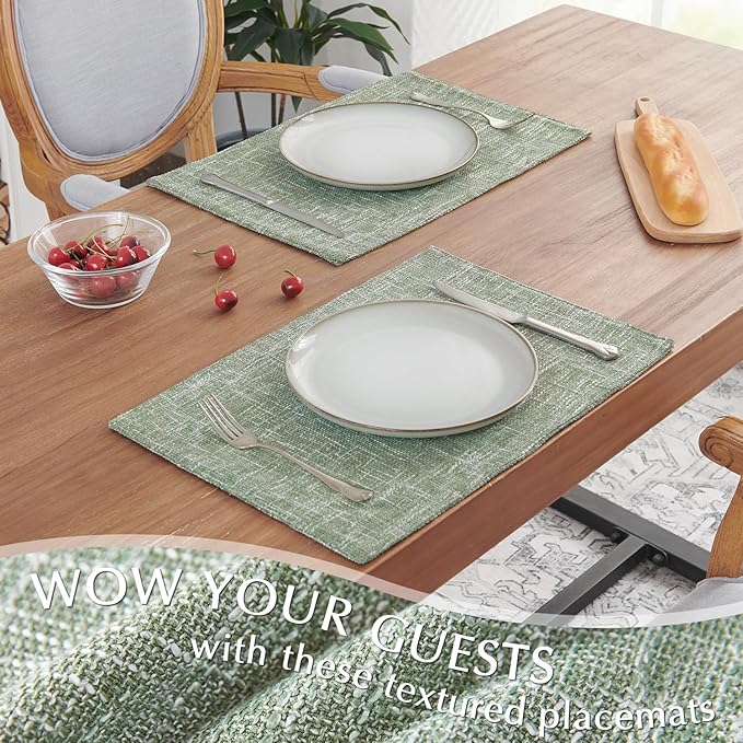 JINCHAN Burlap Textured Placemats Set of 4 Farmhouse Cloth Place Mats Table Mats Sturdy Fabric Placemats for Kitchen Dining Table Double Layer Heat Resistant Tablemats 13 x 19 Inch Green