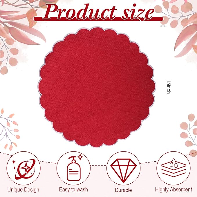 Set of 6 Round Placemats 15 Inch Cotton Scalloped Embroidery Placemat Washable Double Layered Rustic Dinner Table Mat Decor Fabric for Hotel Restaurant Kitchen(Red/White,Classic)