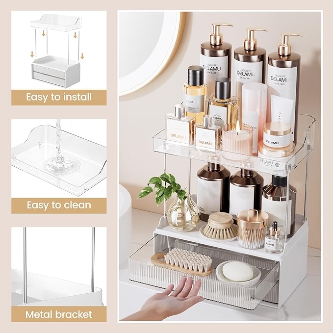Delamu Bathroom Organizers and Storage, 2 Tier 2 Drawer Makeup Organizer Countertop, Easy to Install, Ideal for Bathroom Counter, Vanity, Ideal for Women Girls, Clear