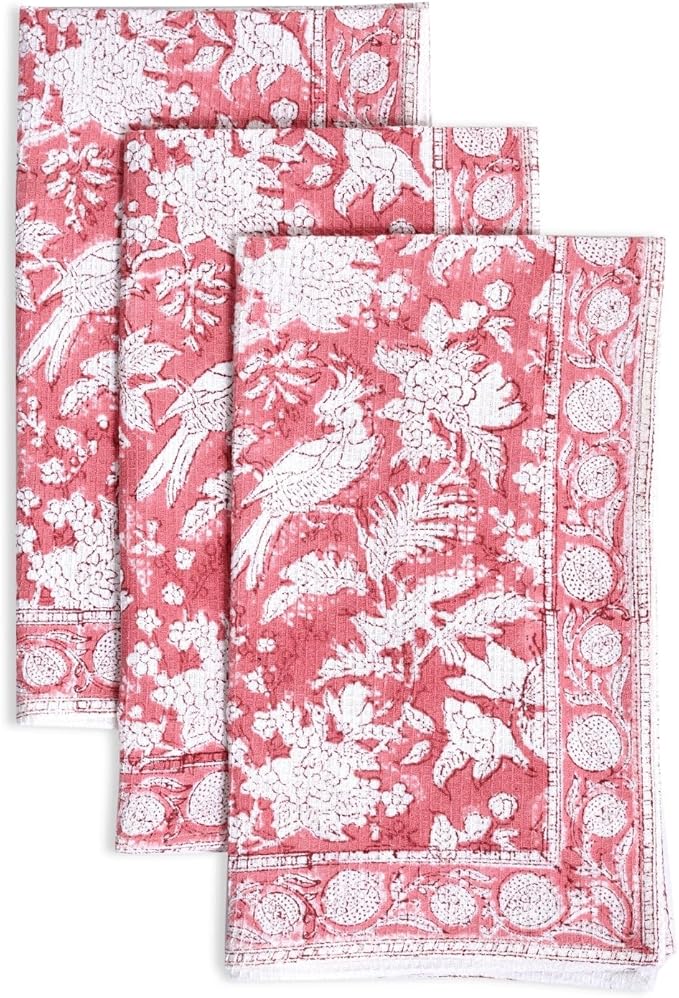 CPC Coral Pink Hand Block Print Waffle Kitchen Towel Set of 3-16 x 28 Inch Ultra Absorbent Quick Dry Cotton Dish Towels Lightweight Reusable Sustainable Tea Towels for Cleaning and Drying