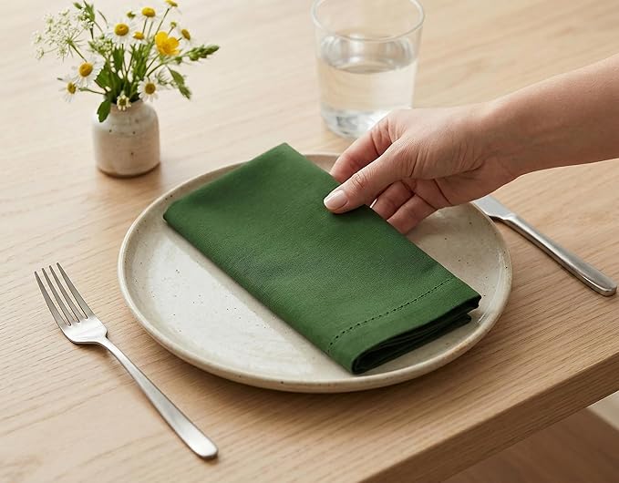 PurpleEssences Set of 12 Hemstitch Cloth Dinner Napkins 100% Cotton - Soft Durable Washable - Ideal for Wedding Spring Easter Summer - Perfect Everyday Use Table Linen 18x18 - Sage Green