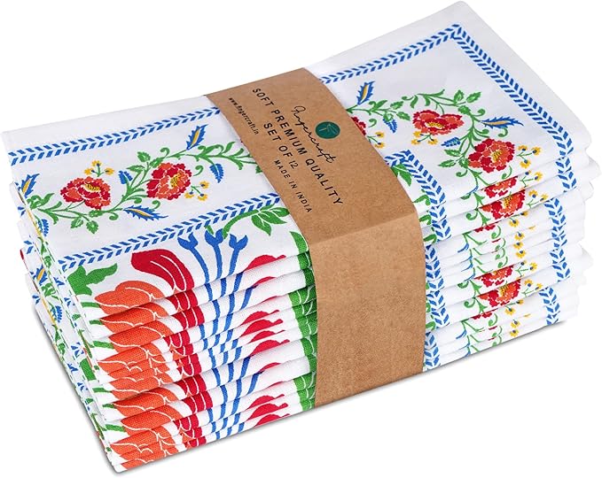 FINGERCRAFT Cloth Napkins, Set of 12 Cotton Linen Blend Printed Dinner Napkins Cloth Mitered Corner Perfect for Parties Dinners Weddings Cocktail Christmas Easter 20x20 Persian Flora