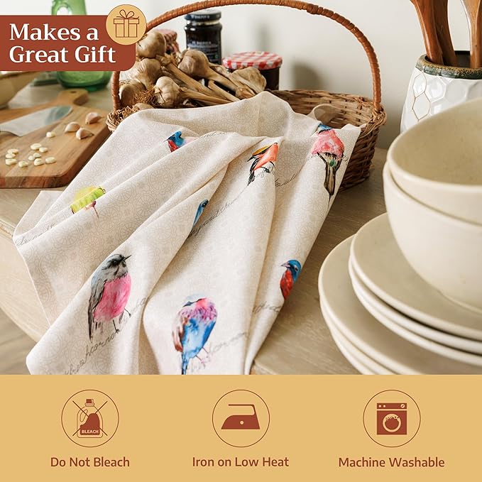 Maison d' Hermine Kitchen Towels Set of 2 100% Cotton 27.50" x 20" Reusable Cloth Tea Dish Towels Absorbent with Hanging Loop for Kitchen, Dining, Cocktail Parties Spring/Summer (Birdies on Wire)