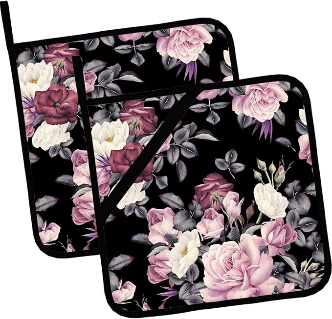 Vintage Rose Peony Pot Holders 2 PCS,Kitchen Heat Resistant Hot Pads for Cooking Grilling Baking BBQ, Pot Holders for Women Cook Home Microwave