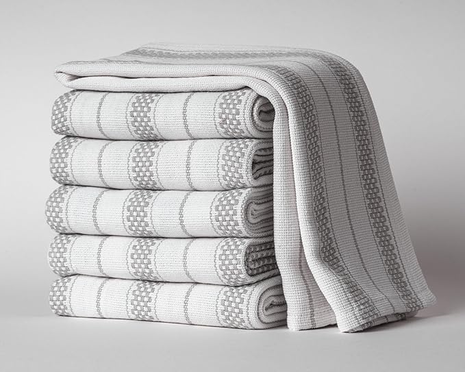Kitchen Towels Set – Pack of 6 (20’’ x 30’’) Extra Large Premium Cotton Dish Towels for Kitchen – Chain Stripe Towels – Absorbent – 100% Cotton – with Hanging Loop – Light Grey