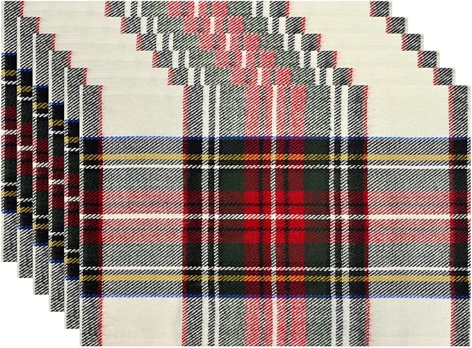 Batmerry Scottish Tartan Placemats, Green Wool Plaid Symmetric Square Fashion Washable Linen Table Mats for Kitchen Table Double Insulation Decor Dining Set Indoor Outdoor 12X18 in Set of 6