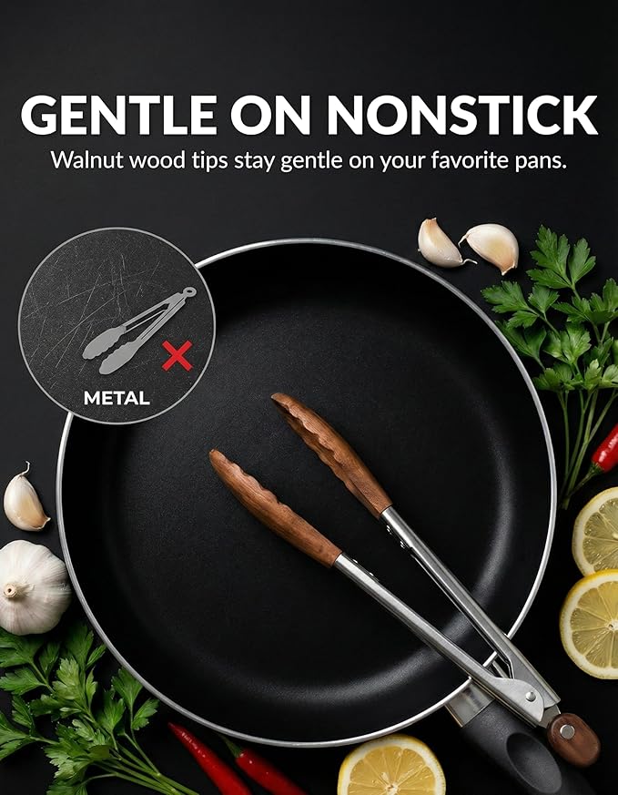 Boxiki Kitchen 9 Inch Tongs for Cooking with Wooden Tips - Nonstick Kitchen Tongs for Serving Food, Cooking, BBQ and Tossing Salad - Made of Walnut Wood