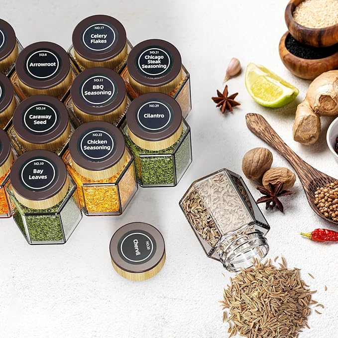 vetacsion set of 12 magnetic glass spice tins with 180 seasoning label stickers