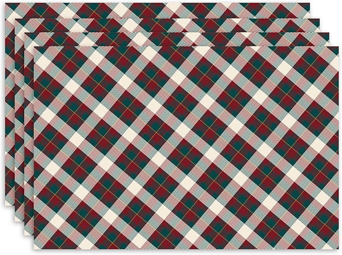 Christmas Plaid Prints Placemats Set of 4, 12 x 18 Inch Red and Green Rectangle Table Mats, Linen Fabric Placemat for Indoor & Outdoor Christmas Kitchen Dining Home Decor -03