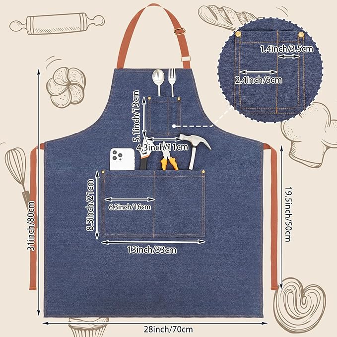 2 Pack Denim Apron with Pocket Adjustable Blue Jean Work Apron for Women Men Kitchen Chef Baking Gardening BBQ Cooking Crafting Woodworking
