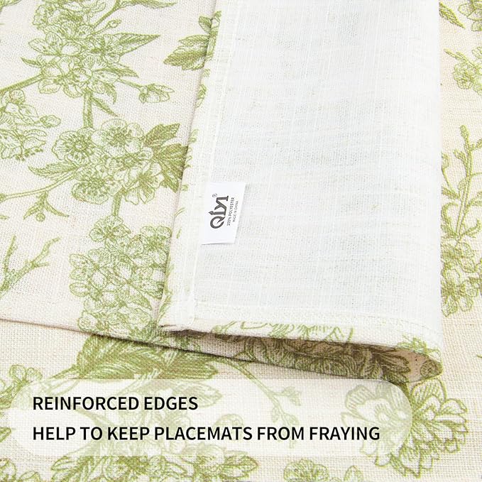 QIYI Boho Placemats Set of 4, 12x18 Inch Linen Fabric Floral Place Mats for Kitchen Dinning, Farmhouse Rustic Cloth Table Mats, Washable Placemat Party Table Décor, Green Botanical Art
