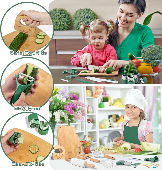 20 PCS Kids Safe Knife Set for Real Cooking, Montessori Kitchen Tools for Toddlers, Cooking & Baking Set for Little Chefs, Kids Kitchen Knife, Crinkle Cutter, Kid Apron for Girls Boys
