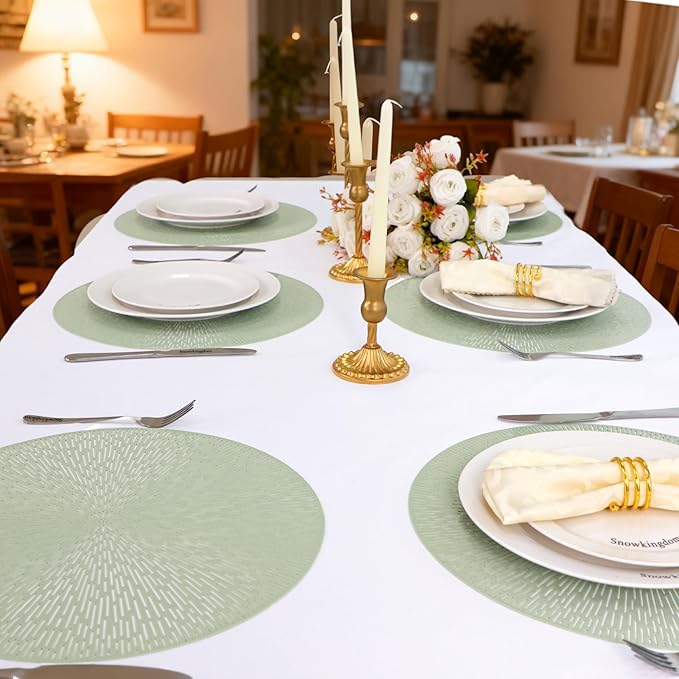 Snowkingdom Sage Green Easter Placemats Set of 8, Vinyl Hollow Spring 15 Inch Round Sage Green Place Mat, Washable Easy Clean Wipeable Non Slip Dining Table Mats for Wedding Bridal Shower Party Decor