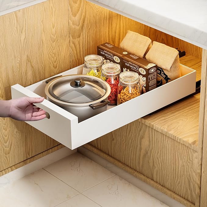 HBL' 1 Pack | 21" Deep Pull Out Cabinet Organizer Adhesive, 12-Inch Wide Sturdy Carbon Steel Roll-Out Drawers, Designed for Frameless Cabinets, Slide-Out Shelves for Pantry.