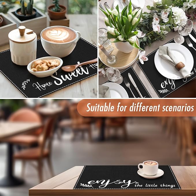 Farmhouse Placemats Set of 6 Linen Placemats 18x12'' Rustic Table Mats with Sayings Housewarming Gifts Country Tablemats Washable Cloth Place Mats for Farmhouse Table Setting(Black)