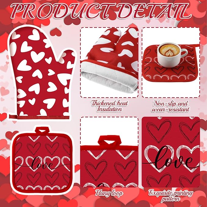 VitalCozy 10 Pcs Valentine's Day Kitchen Decor Set Heart Kitchen Towels and Rugs Oven Mitts and Pot Holders Set Absorbent Tea Hand Towels for Chef Baking Cooking Grilling BBQ Gift