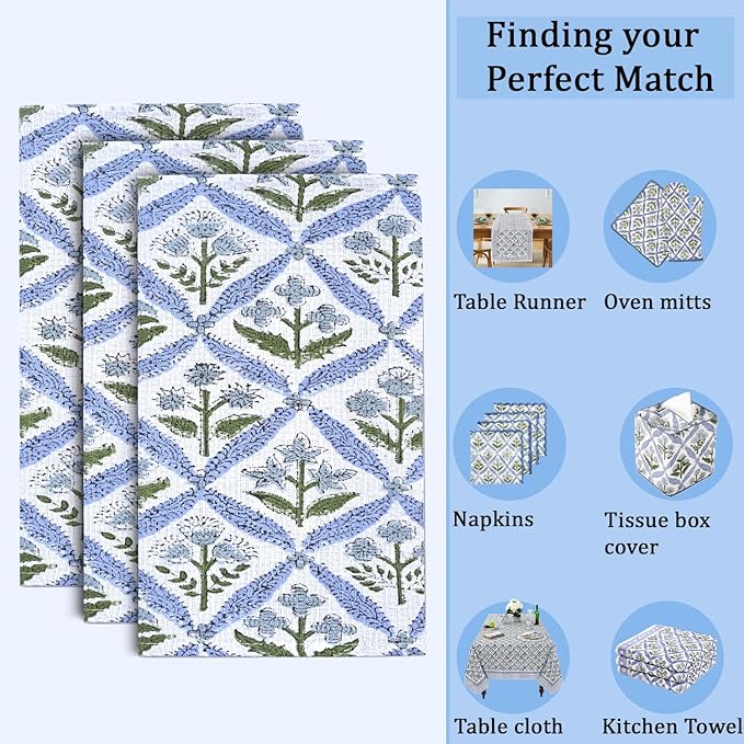 Ridhi Light Steel Blue Hand Block Print Cotton Waffle Dish Cloth Set of 12-12x12 Inch Super Absorbent, Soft, Reusable Kitchen Towels for Dish Drying Cleaning, Ideal for for Spring, Easter, Valentine