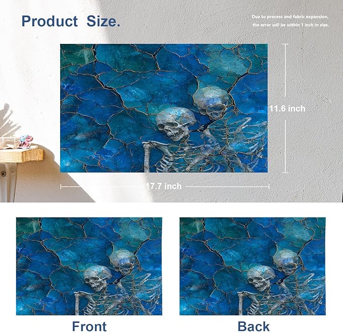 Batmerry Lapis Lazuli Skeleton Placemats, Cracked Blue with Skulls Washable Linen Table Mats for Kitchen Table Double Insulation Decor Dining Set Indoor Outdoor 12X18 in Set of 4