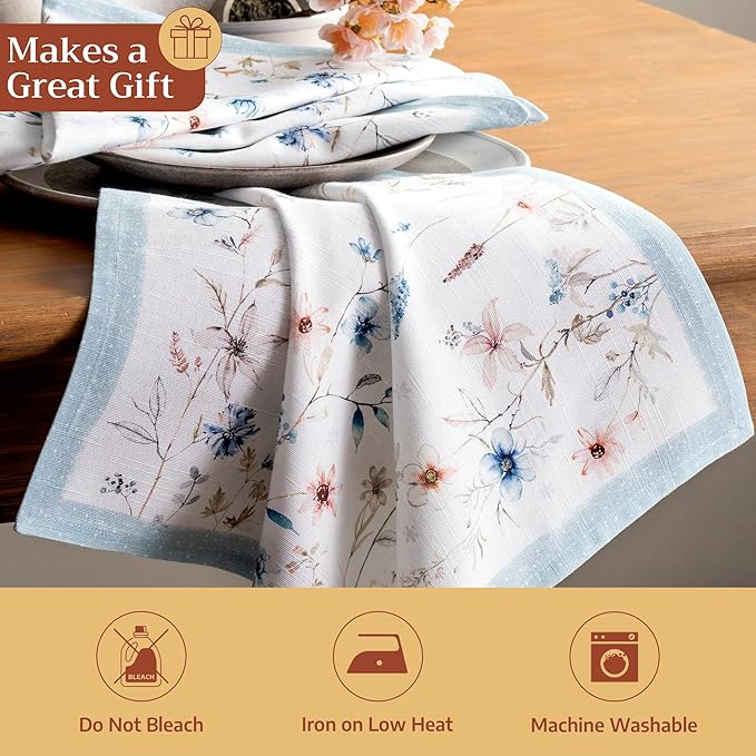 Maison d' Hermine Cloth Napkins Set of 4 100% Cotton for Thanksgiving Christmas Decorations Everyday Reusable Square Fall Napkins Cloth Washable Dinner Party (Ice Florals, 20"x20")