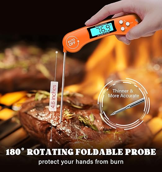 DOQAUS Digital Meat Thermometer, Instant Read Food Thermometer for Cooking with Backlit & Auto-Rotating Display, 4.6” Probe for Grilling, Baking, and Perfect BBQ - Orange