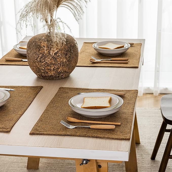 Kevin Textile Faux Linen Heat Resistant Placemats for Dining Table Set of 4, Easy to Clean Anti-Slip Place Mats, 13" x 19", Hazel Brown