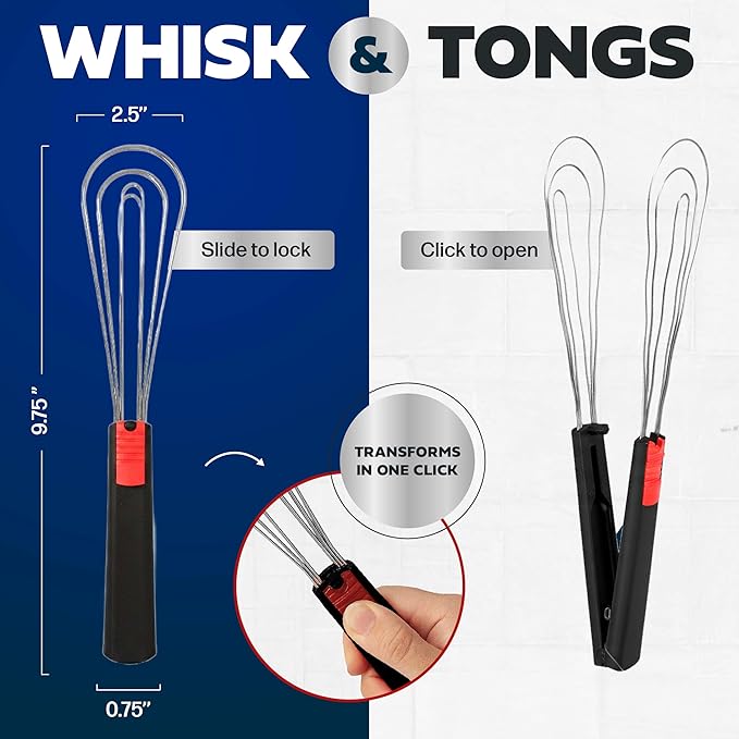 Flat Whisk and Tongs for Cooking – Multipurpose Kitchen Tool for Beating Eggs, Salad Tongs, BBQ, Whisks for Cooking, Easy Whisk, Hand Whisk (Black)