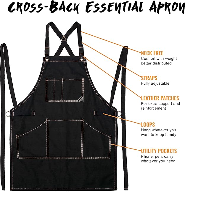 Under NY Sky Essential Deep Black Apron – Cross-Back with Durable Twill and Leather Reinforcement – Adjustable for Men and Women – Pro Chef, Tattoo Artist, Baker, Barista, Bartender, Server Aprons
