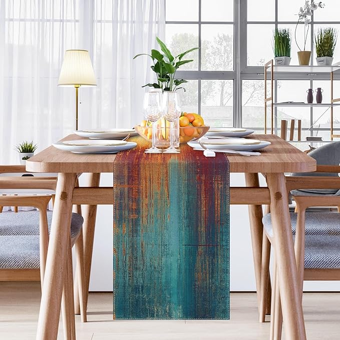 Emvency Blue and Orange Table Runner, Vintage Abstract Messy Rust Painting Dining Decor for Kitchen Coffee Table Family Dinners Holiday Parties Wedding Events Decor(13x72 inch)