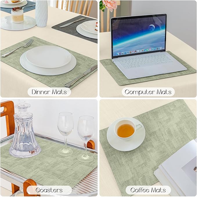 Romanstile Sage Green Placemats Set of 4-12x17 Inch, Vinyl Waterproof Washable Non Slip Table Mats, Reversible Heat Resistant Wipeable Table Placemats for Dining/Party/Indoor/Outdoor, Grey-Grass Green