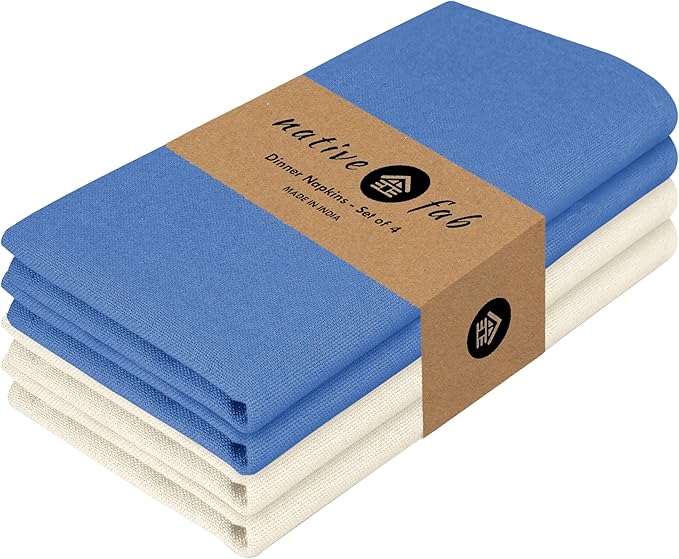 Native Fab Cotton Table Napkins, 4 Pack, 100% Cotton, 17x17 Inches, Premium Quality, Durable, Washable Fabric, Ideal for Weddings, Holiday Dinners, Coastal Decor, Easter, Sky Blue & Ivory
